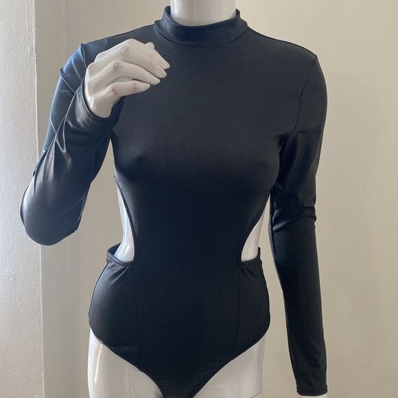 Dolls Kill Endless Blu Long Sleeve Shiny Leather Look Bodysuit w Side Cutouts - Picture 5 of 7